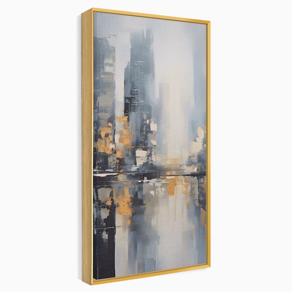 Tablou canvas cu pictura abstracta cu cladiri si reflexii, in rama de aluminiu auriu
